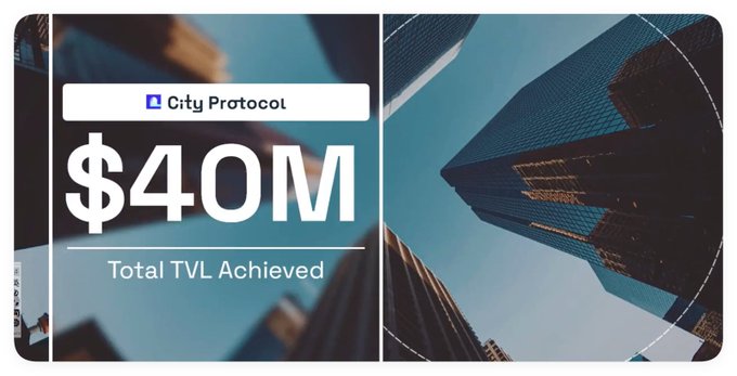 Promotional graphic for City Protocol displaying '$40M Total TVL Achieved' over a background of skyscrapers.