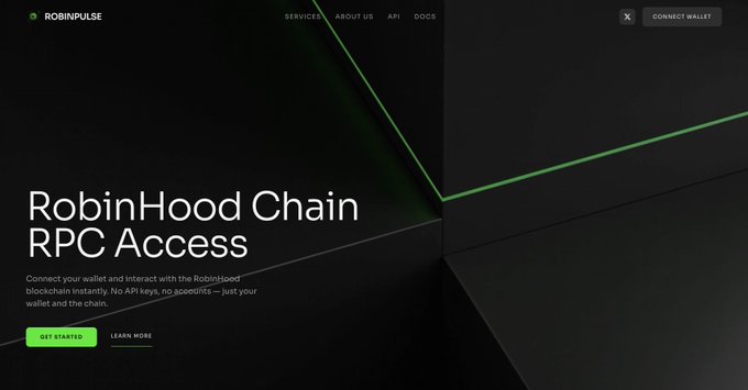 A website screenshot for RobinPulse advertising 'RobinHood Chain RPC Access' with a 'GET STARTED' button and a 'CONNECT WALLET' button.