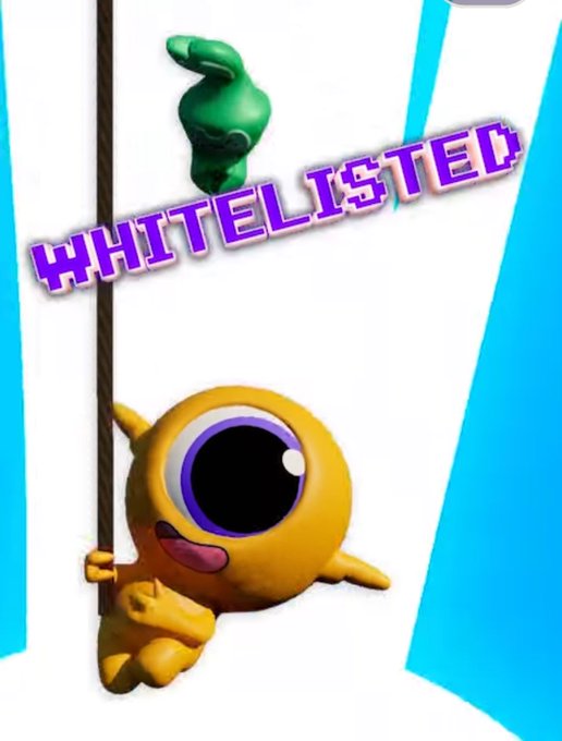 3D rendered character featuring a yellow cyclops-like creature with one large eye, holding onto a rope or pole, with 'WHITELISTED' text displayed in purple stylized font across the image.