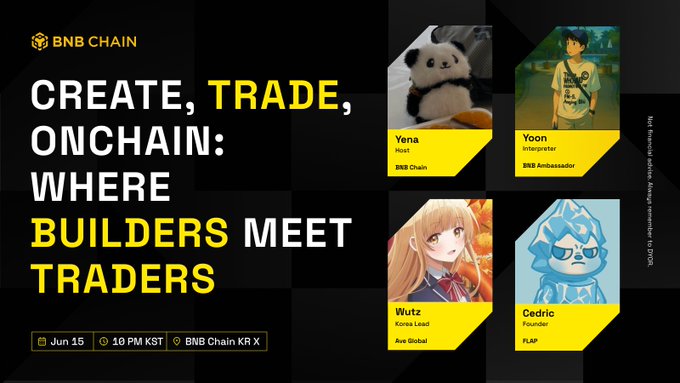 The image features a poster for an event that takes place on Saturday, June 15th at 10 pm. The main focus of the poster is a young girl with blue hair, wearing glasses who appears to be looking down into a bowl or bin. She has the words "Creative. Trade. Onchain: Where Builders Meet Traders" written above her head. Below this title and the blue-haired girl's image, there are four bullet points detailing different characters from anime shows that may have created them. These characters include Yansa, a black panda who is also wearing glasses; Thanas, an orange tiger with a white belly who has a backpack on; Catriona, an evil cat with blue eyes and wings; and Aqua, a mermaid with green hair and yellow tail.