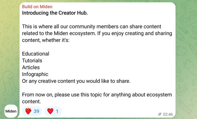 The image features a screenshot from someone's email conversation with the creator of Miden, discussing an interesting topic related to Miden's Creator Hub. The creator of Miden has created a Discord server called @0xMiden, where they have posted about different aspects of Miden and shared useful information for their followers. One specific post caught the attention of the viewer as it described how to use content from Miden's Content Hub to make the most out of it. The email conversation seems to be focused on educational resources found within the creator's hub, which might include videos, articles or infographics providing tutorials and creative content for everyone interested in learning about Miden.
