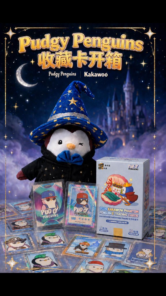 A promotional poster for 'Pudgy Penguins' collectible cards by Kakaowo, featuring a plush penguin toy in a wizard hat alongside card packs and a display box.