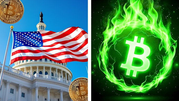 A split image with the US Capitol and American flag on the left flanked by two physical Bitcoin coins, and a glowing green Bitcoin logo surrounded by flames on the right.