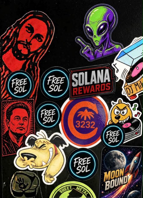 A collection of cryptocurrency and pop culture stickers including 'FREE SOL', 'SOLANA REWARDS', a green alien, Elon Musk, Doge, and 'MOON BOUND' rocket designs.