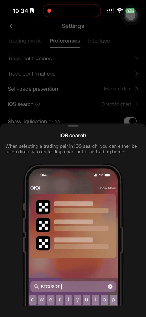 A mobile screenshot of the OKX trading app's Settings page, specifically the Preferences tab showing 'iOS search' configured to 'Direct to chart' with an explanation overlay.