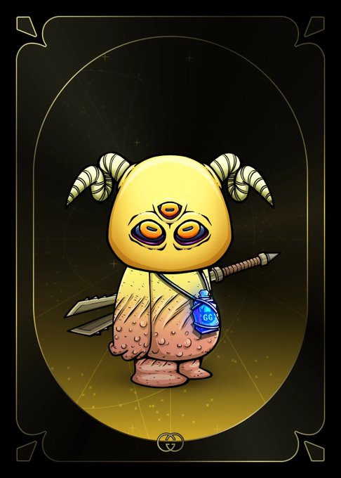 A tarot-card-style illustration features a cute, three-eyed yellow creature with horns, holding a spear and wearing a blue necklace marked "GG" against a starry background.