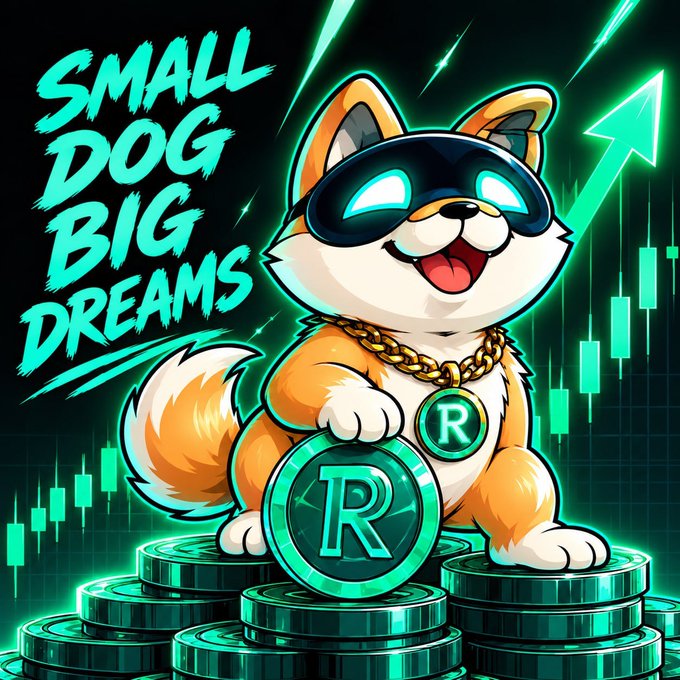 A cartoon illustration of a Shiba Inu dog wearing a black VR-style headset and gold chain, sitting on stacks of green coins with an 'R' logo, with the text 'SMALL DOG BIG DREAMS' and green candlestick charts in the background.