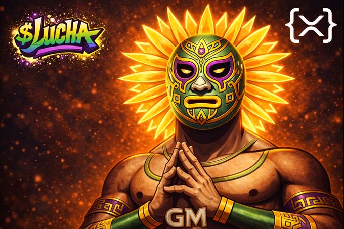 A digital illustration of a luchador wrestler with a green and gold mask featuring a sunburst design, with text including '$LUCHA', 'GM', and the XRP logo.