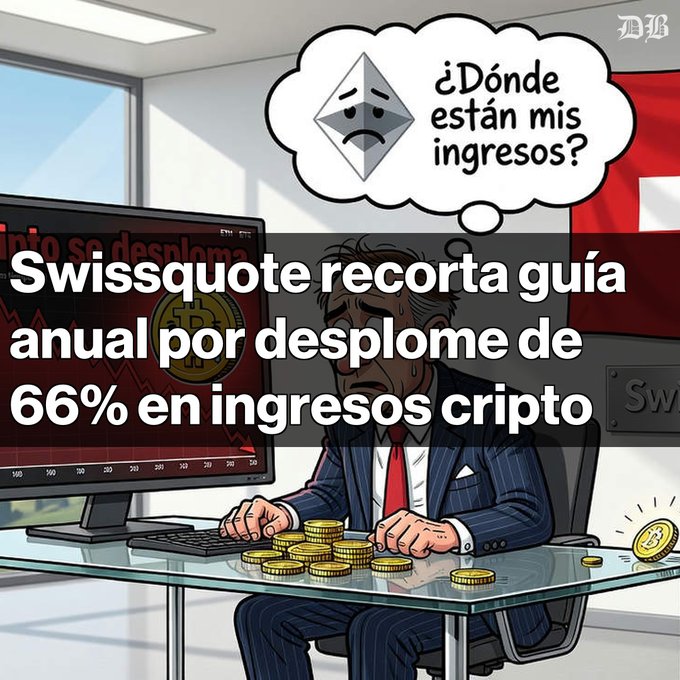 A Spanish-language news graphic featuring a cartoon of a sweating man in a suit at a desk with gold coins, thinking '¿Dónde están mis ingresos?' (Where are my revenues?). The headline reads 'Swissquote recorta guía anual por desplome de 66% en ingresos cripto' (Swissquote cuts annual guidance due to 66% crash in crypto revenues).