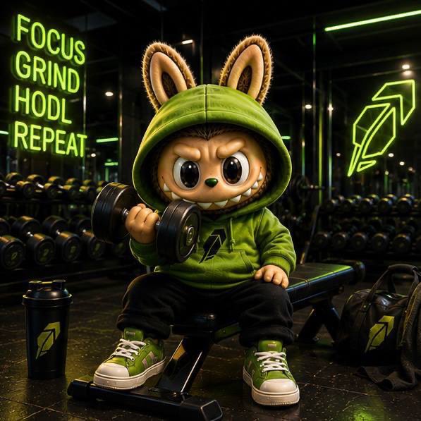 A 3D-rendered cartoon character with a furry face, sharp teeth, and bunny ears, wearing a green hoodie with a lightning bolt logo, lifting a dumbbell in a gym. Neon green text on the wall reads 'FOCUS GRIND HODL REPEAT'.