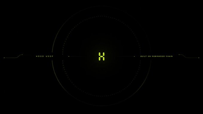 A sleek, minimalist dark graphic featuring a glowing yellow logo at the center, flanked by the text "MOOD USDP" on the left and "BUILT ON ROBINHOOD CHAIN" on the right, all set within subtle circular line elements. The design visually reinforces the post's announcement of a private payment rail system for AI agents launching on Robinhood Chain, settled in $USDG.