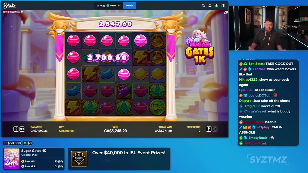 The image features a man sitting down with his hands placed on his lap while looking at a video game playing screen filled with colorful candy machines. The text on the image suggests that he has won $300 worth of Sugar Gates 1k spins, which means he has collected three times the prize money in this particular feature spin. Furthermore, there is another option to purchase more tickets for this event, which could be another chance at winning more prizes.