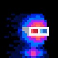 A small pixel art character with blue and red features wearing white 3D-style glasses stands against a dark background.