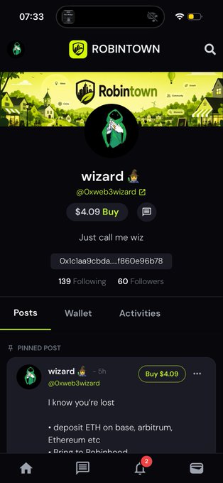 A mobile screenshot of a profile page on the 'ROBINTOWN' social app for a user named 'wizard' (@Oxweb3wizard) with a pinned post offering help with crypto transactions.