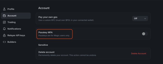 An Account settings interface showing options for 'Pay your own gas' (Off), a highlighted 'Passkey MFA' toggle for Magic users, and a 'Delete account' option.
