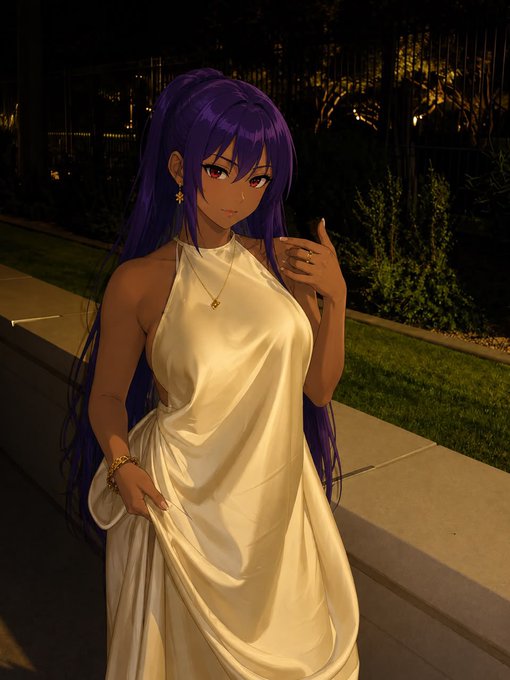 An anime-style illustration of a woman with long purple hair wearing a flowing white halter dress at night.