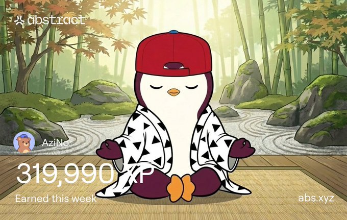 The image features an illustration of a penguin sitting cross-legged on a mat surrounded by rocks and trees. The penguin has a red hat on its head, giving it a unique appearance. In front of the penguin, there are two text boxes with information about the post. One box displays "ABSTRACT" in white letters at the top, while the other box says "THIS WEEK" in black letters below the image. The text also mentions that the post is about "70th XP update on @AbstractChain A great week with a new ATH of 319,990 XP Hope you all earned plenty of XP too".