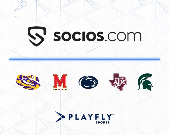 A socios.com logo above a blue line, with college sports team logos including LSU, Maryland, Penn State, Texas A&M, and Michigan State, plus the Playfly Sports logo below.