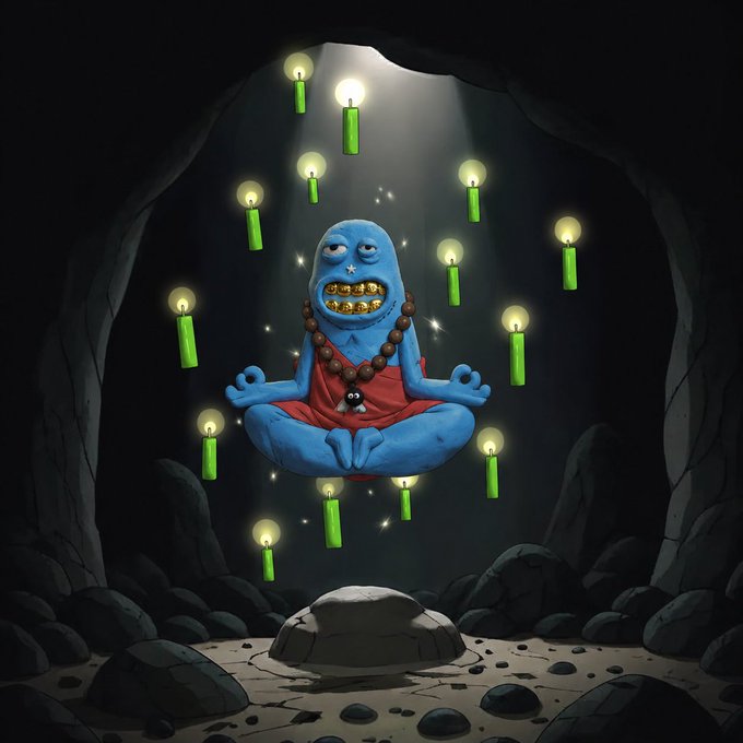 A blue meditating creature with gold teeth and prayer beads levitating in a cave surrounded by glowing green candles.