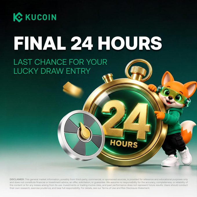 A KuCoin promotional graphic features the company's fox mascot beside a golden pocket watch displaying "24 HOURS" and a spinning prize wheel, with text reading "FINAL 24 HOURS – LAST CHANCE FOR YOUR LUCKY DRAW ENTRY," promoting the final day to enter for a chance at the 100,000 GNOT KuFam Reward Pool.