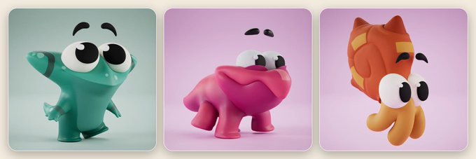 Three 3D-rendered cartoon characters with large eyes: a teal lizard-like creature, a pink blob-like figure, and an orange squid or octopus.