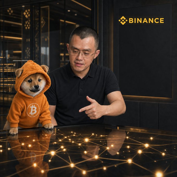 A man wearing glasses points at a Shiba Inu dog dressed in an orange hoodie with a Bitcoin logo, set against a dark background featuring the Binance logo.