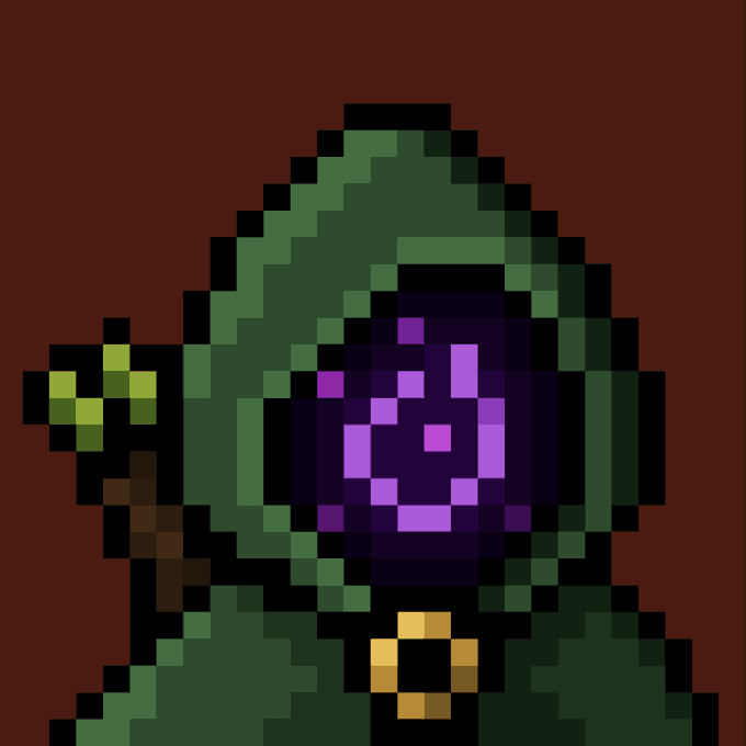 A pixel art illustration depicts a hooded figure in a dark green cloak with a golden ring clasp, holding a staff topped with a glowing purple orb against a dark red background, symbolizing the mystical, hooded "Mancer" archetype referenced in the post about the @MancerXYZ NFT collection.