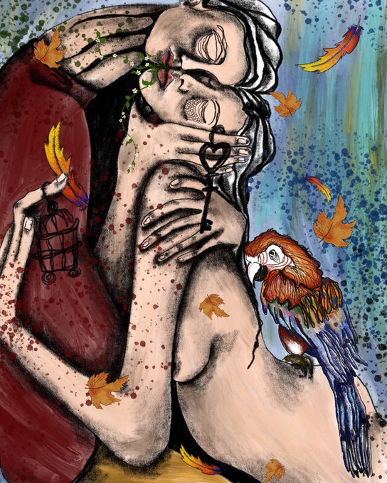 Mixed-media artwork depicting two figures embracing, with one holding a small birdcage; a key with a heart-shaped handle is visible between them, accompanied by a red macaw and scattered autumn leaves.