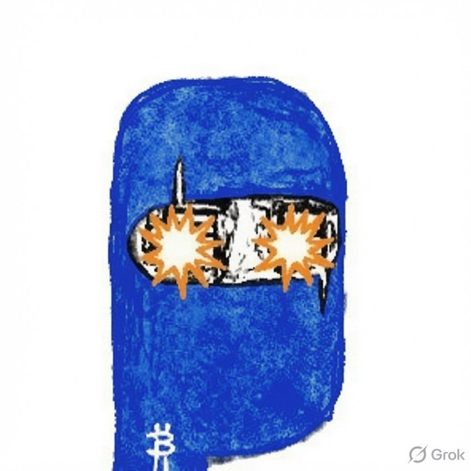 A hand-drawn illustration of a Bitcoin symbol styled as a hooded ninja with orange star-shaped eye reflections on a black mask, created with the Grok AI tool.