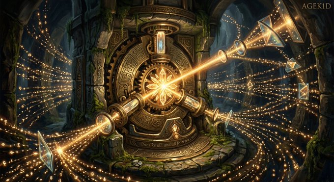 A fantasy digital artwork showing an ornate golden mechanical device emitting glowing light beams, credited to AGEKID.