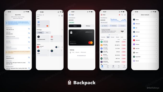 A mockup showcasing the Backpack app's interface across five iPhone screens, highlighting features like Back Wire, Cash/Card management, a $0 balance Mastercard debit card, Total Balance of $140,000.00 with a market chart, and a list of cryptocurrencies including SOL, ETH, BONK, and others. The visual aligns with the post's announcement of the new Backpack Crypto Mastercard Platinum debit card and the app's all-in-one functionality.