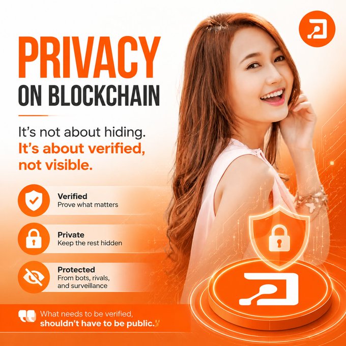 A promotional graphic for blockchain privacy featuring a smiling woman and text 'PRIVACY ON BLOCKCHAIN - It's not about hiding. It's about verified, not visible.' with icons for Verified, Private, and Protected features.