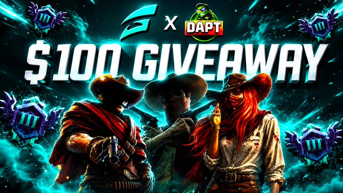Promotional image announcing a "$100 GIVEAWAY" collaboration between DAPT (depicted with a green cartoon logo) and Gamba (shown as a stylized "G" logo), featuring three masked gunslinger characters in cowboy hats against a dark teal background, matching the crypto casino giveaway post for $50 prizes to two winners.