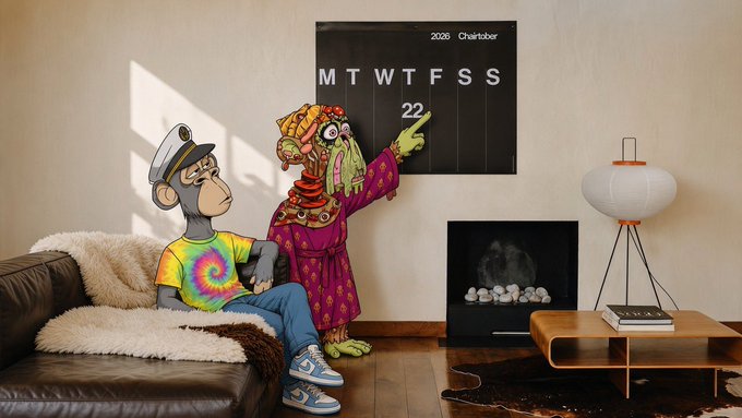 A Bored Ape-style cartoon figure in a sailor cap sits on a leather couch next to a vibrant orange creature pointing at a wall calendar marked "2026 Chairtoker" with the date 22 circled, likely used by the poster to mark a significant milestone or content launch. The whimsical crypto/NFT-themed illustration visually reinforces the post's celebratory tone toward a fellow creator's recent contributions.

Wait, I should reconsider the image — it shows two cartoon characters (not one): a dark ape-like figure in a sailor cap and tie-dye shirt sitting on a couch, and a tall colorful creature pointing at a calendar reading "2026 Chairtoker" with the number 22 circled. Let me revise:

Two NFT-style cartoon characters—a relaxed ape in a sailor's cap and tie-dye shirt seated on a leather couch, and a vibrant orange creature pointing at a wall calendar marked "2026 Chairtoker" with the 22nd circled—celebrate a content milestone, matching the