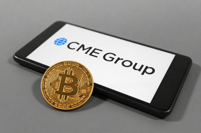 The image features a smartphone with a gold coin, specifically a Bitcoin, placed on top of it. The phone's screen displays "CME Group" along with the word "bitcoin", indicating that the device is associated with cryptocurrency trading or news related to CME Group. This suggests that the post might be promoting a new cryptocurrency exchange service or highlighting recent developments in the world of digital currency.