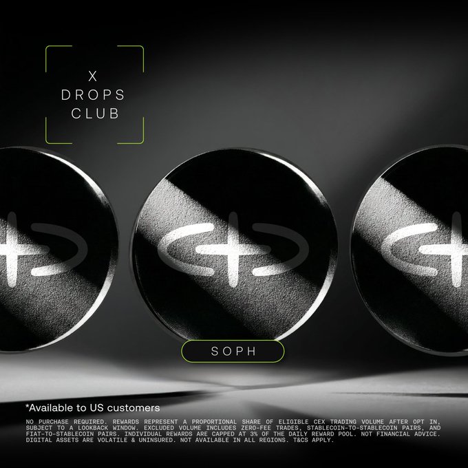 A promotional graphic for the "X DROPS CLUB" features three glossy black circular tokens displaying the "SOPH" logo, with the text "*Available to US customers" and disclaimers about trading volume rewards at the bottom, announcing that 32.76M $SOPH tokens are available to US customers through OKX's drops program.