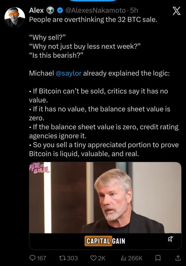 The image features a man wearing glasses, sitting at a desk with his head tilted back as he looks down at something. The caption of the image reads "Apparently we're sooooo early Michael Saylor had to sell 32 bitcoin to prove it was a liquid asset... 100K / 150K 🐋". This post is about Bitcoin and its value, and it includes a photo of the man with his head tilted back as he looks down at something. The caption suggests that the man has sold Bitcoin in order to prove its worth or liquidity.