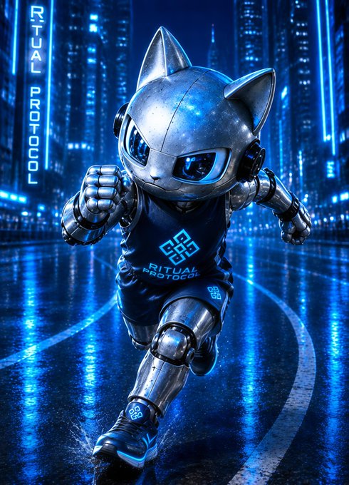 A digital illustration of a metallic cat-like robot wearing a "Ritual Protocol" jersey running through a futuristic neon-lit cityscape with blue lighting.