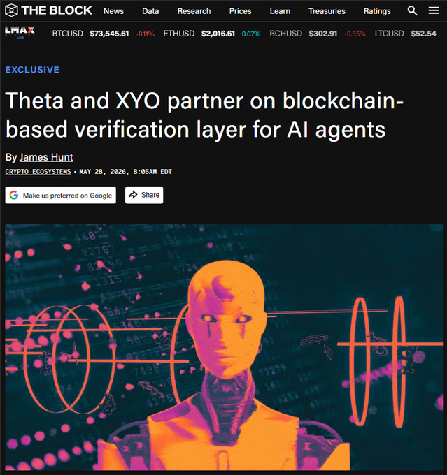 The image features a graphic representation of a robot head against a dark blue background with lines representing financial graphs, indicating that there might be a connection between AI development and stock market trends. There are also words related to the XYO x Theta partnership written below the graphic, suggesting an ongoing collaboration or project involving machine intelligence and blockchain technology.