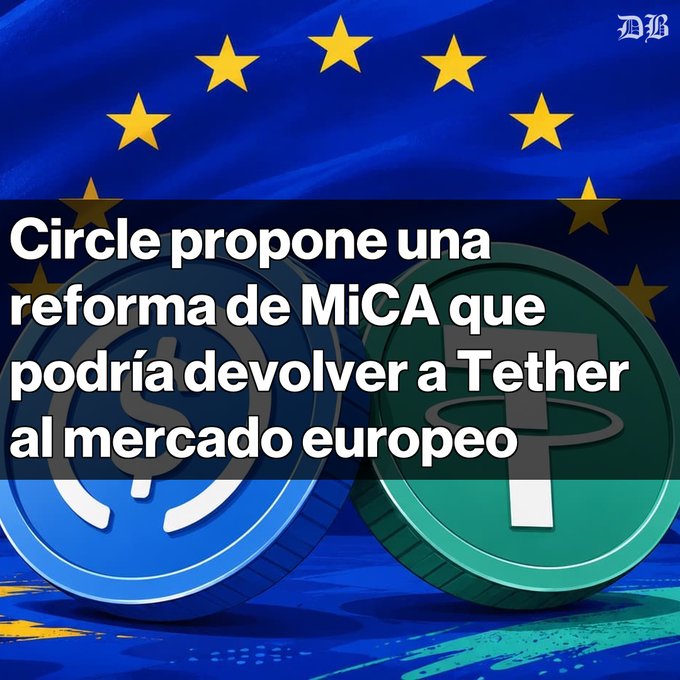An image featuring the EU flag in the background with USDC and Tether (USDT) coin graphics, displaying Spanish text: 'Circle propone una reforma de MiCA que podría devolver a Tether al mercado europeo' (Circle proposes a MiCA reform that could return Tether to the European market).