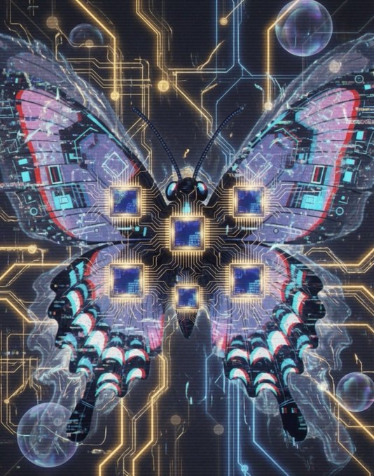 The image features a butterfly-like creature made of circuit boards and computer chips, surrounded by bubbles. The butterfly has six blue squares arranged in two rows of three, giving it a unique and futuristic appearance. The background consists of black lines and dots, creating an abstract pattern that complements the butterfly's design. The caption below the image reads: "I like @quipnetwork because I think quantum computers are coming sooner than we think and being ready for anything is the best way to prepare for the future".