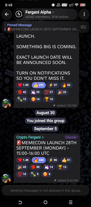 A screenshot of a Telegram group called "Fergani Alpha" showing pinned messages and a post by "Crypto Fergani" announcing a "MEMECOIN LAUNCH 28TH SEPTEMBER (MONDAY) - 15:00-16:00 UTC" with various emoji reactions visible.