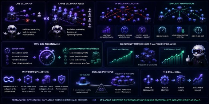 An infographic comparing 'ONE VALIDATOR' vs 'LARGE VALIDATOR FLEET' and 'IN TRADITIONAL GOSSIP' vs 'EFFICIENT PROPAGATION', highlighting benefits like 'LOWER INFRASTRUCTURE OVERHEAD' and 'THE REAL GOAL' of sustainable scaling.