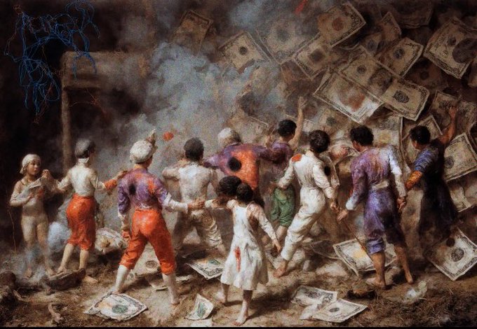 The image features an abstract painting with a group of people standing around piles of money. The painting depicts a scene where the people are either holding or throwing money into the air, creating a chaotic atmosphere. The art style appears to be impressionistic, characterized by loose brushstrokes and an emphasis on capturing the overall mood rather than minute details.

The post suggests that Bitcoin collectors should not feel the need to apologize for their collection because it is a medium with its own unique characteristics and history. Bitcoin has been gaining popularity as a digital currency, and many influential collectors have started investing in this technology. The post encourages people to focus on what they collect and appreciate the art rather than worrying about whether or not they are collecting Bitcoin.