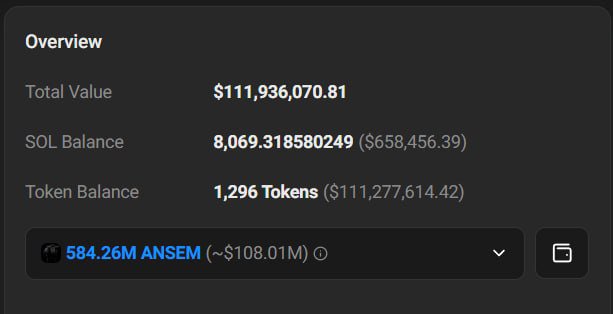 The image shows a portfolio overview displaying a Total Value of $111,936,070.81, including an SOL Balance worth $658,456.39 and a Token Balance of 1,296 tokens worth $111,277,614.42, with a highlighted position of 584.26M $ANSEM (~$108.01M). This confirms the post's claim that blknoiz06 holds over $100M worth of $ANSEM tokens.