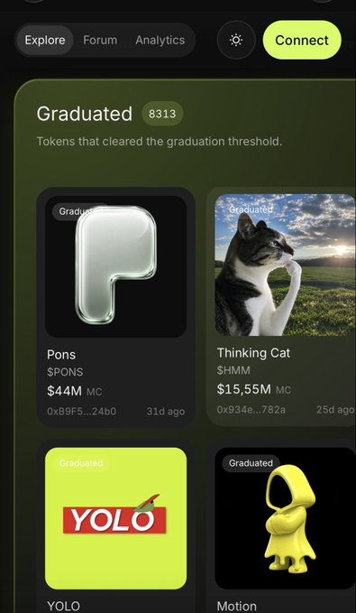 The image shows a mobile app screen titled "Graduated" with the number "8313," displaying launched tokens including $PONS ($44M MC) and $HMM ($15.55M MC). This relates to the post by highlighting $PONS as one of the still-healthy graduated tokens on the platform, in contrast to weaker new launches.