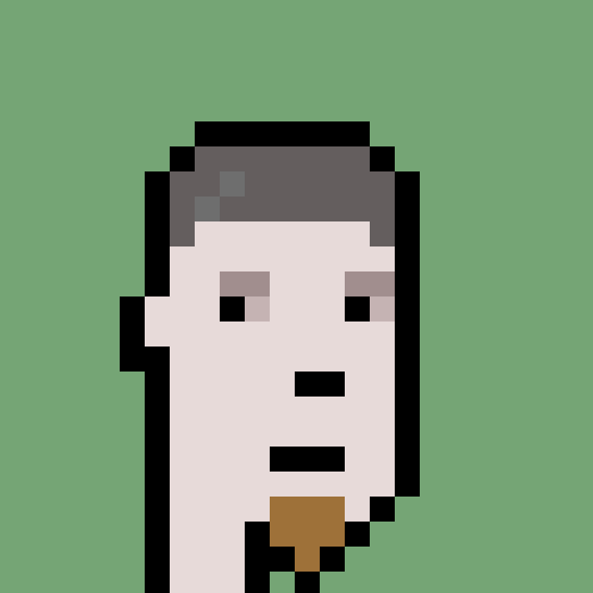 A pixel art portrait shows a person's face with short gray hair and an open mouth against a green background.