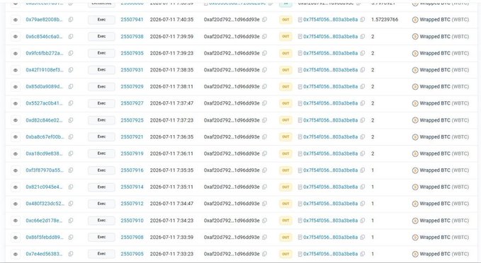 A blockchain transaction ledger showing multiple 'IN' transactions involving Wrapped BTC (WBTC) on contract 0x7f54f056...803a3eba, with block numbers around 25507905-25507941 and dates from 2026-07-11.