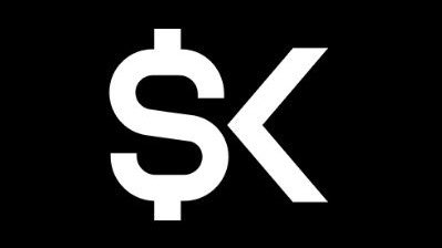 The image shows a stylized white "SK" logo on a black background, which appears to be related to StablecoinX, the Ethena treasury vehicle. The "SK" likely represents the company's branding, while the accompanying post notes the company will list on Nasdaq under the ticker "USDE."