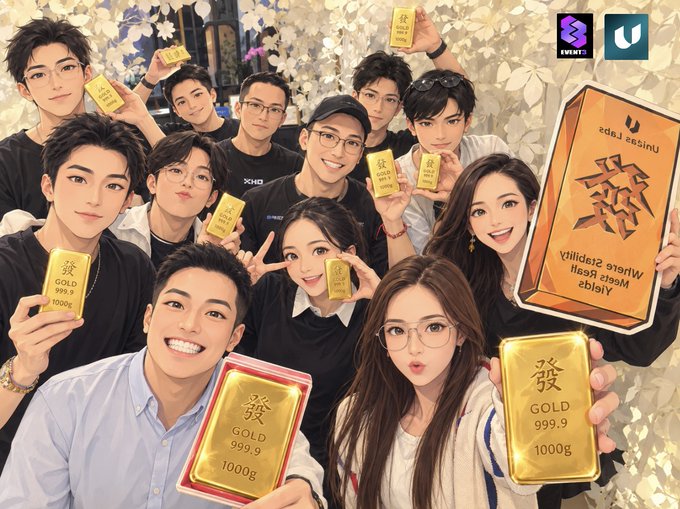 A group of young people pose together holding large gold bars labeled 'GOLD 999.9 1000g' and 'UNISER FORGE' promotional materials, with an 'EVENTS' logo in the corner.
